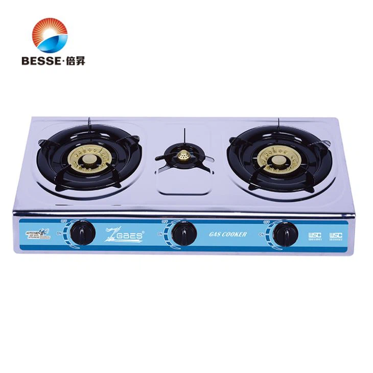 Classic Stainless Steel Triple Burner Blue Fire Desktop Gas Cooker